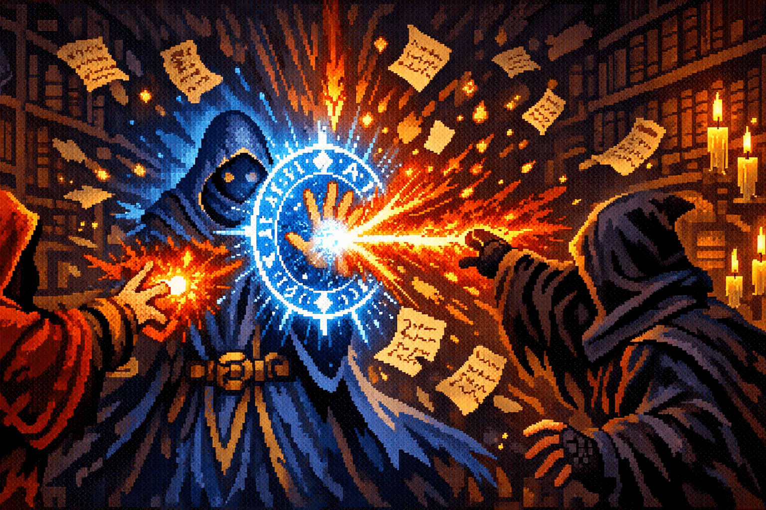 A robed blue mage countering another mage